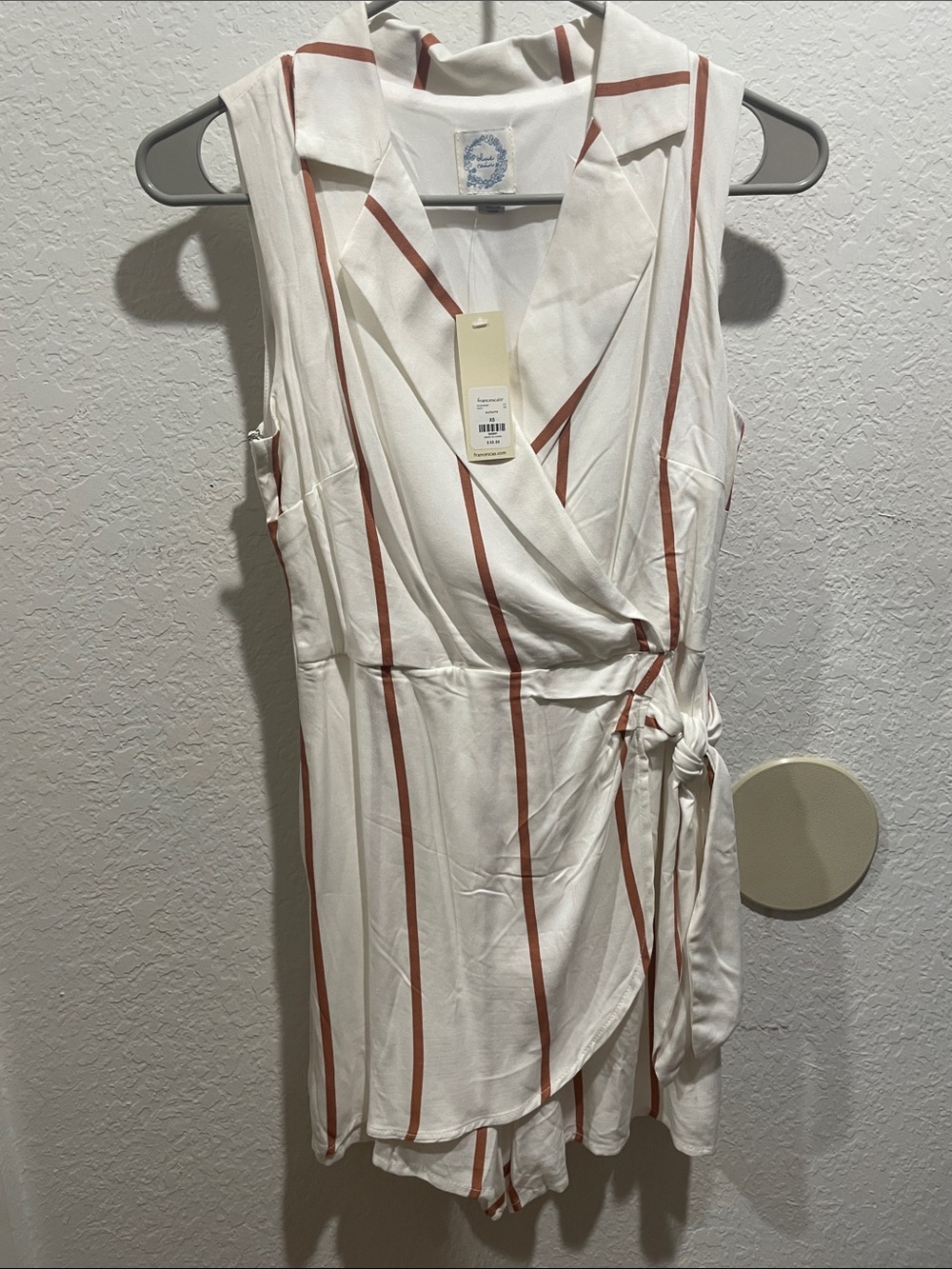 Sleeveless White Wrap Romper with Rust Stripe